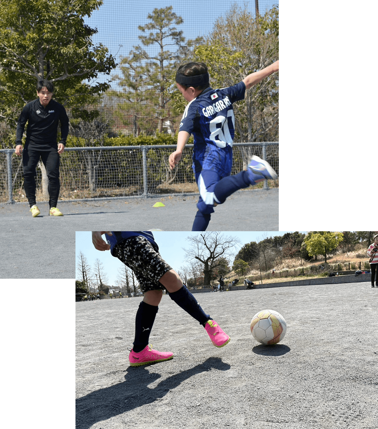 子供がシュート練習をしているところをコーチが指導している